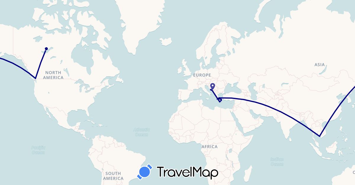 TravelMap itinerary: driving in Bosnia and Herzegovina, Canada, Greece, Croatia, Montenegro, Vietnam (Asia, Europe, North America)